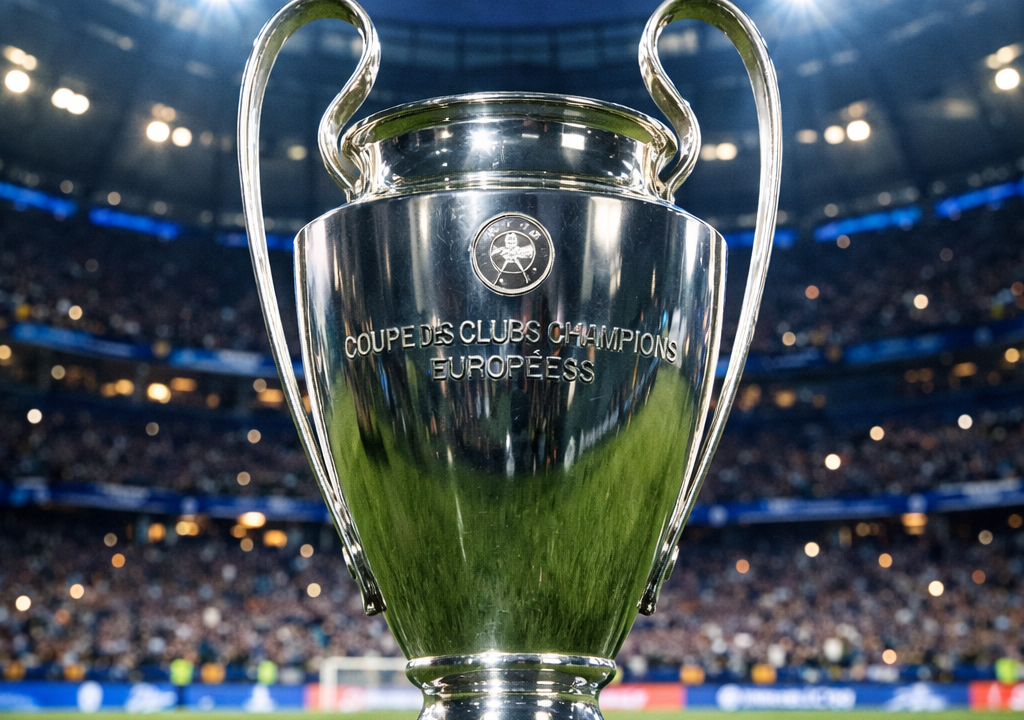 UEFA Champions League trophy in stadium lights