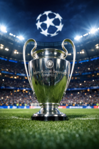 UEFA Champions League trophy in stadium lights