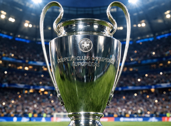 UEFA Champions League trophy in stadium lights