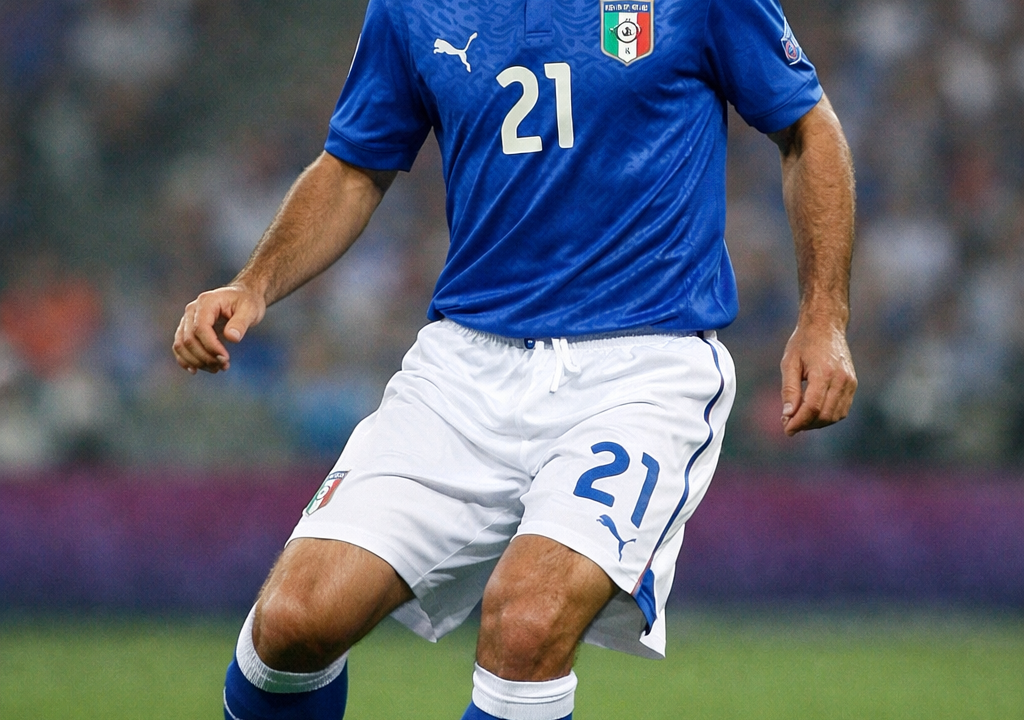 Andrea Pirlo controlling the ball in Italy’s blue jersey during a match