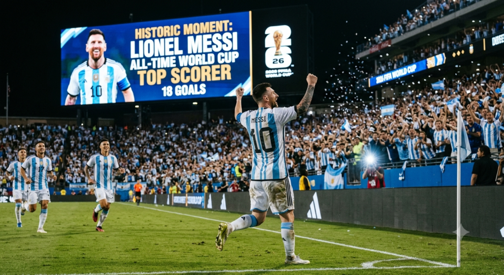 Lionel Messi celebrates scoring his 18th historic World Cup goal in front of a stadium screen reading All-Time World Cup Top Scorer.