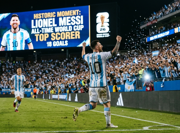 Lionel Messi celebrates scoring his 18th historic World Cup goal in front of a stadium screen reading All-Time World Cup Top Scorer.